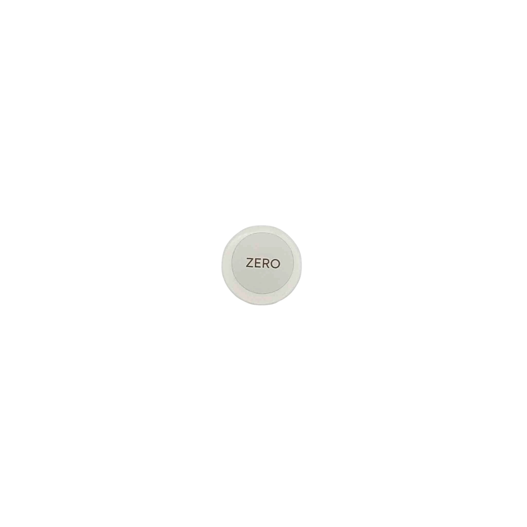 Small circular makeup container with white rim and pale gray center that reads ZERO.