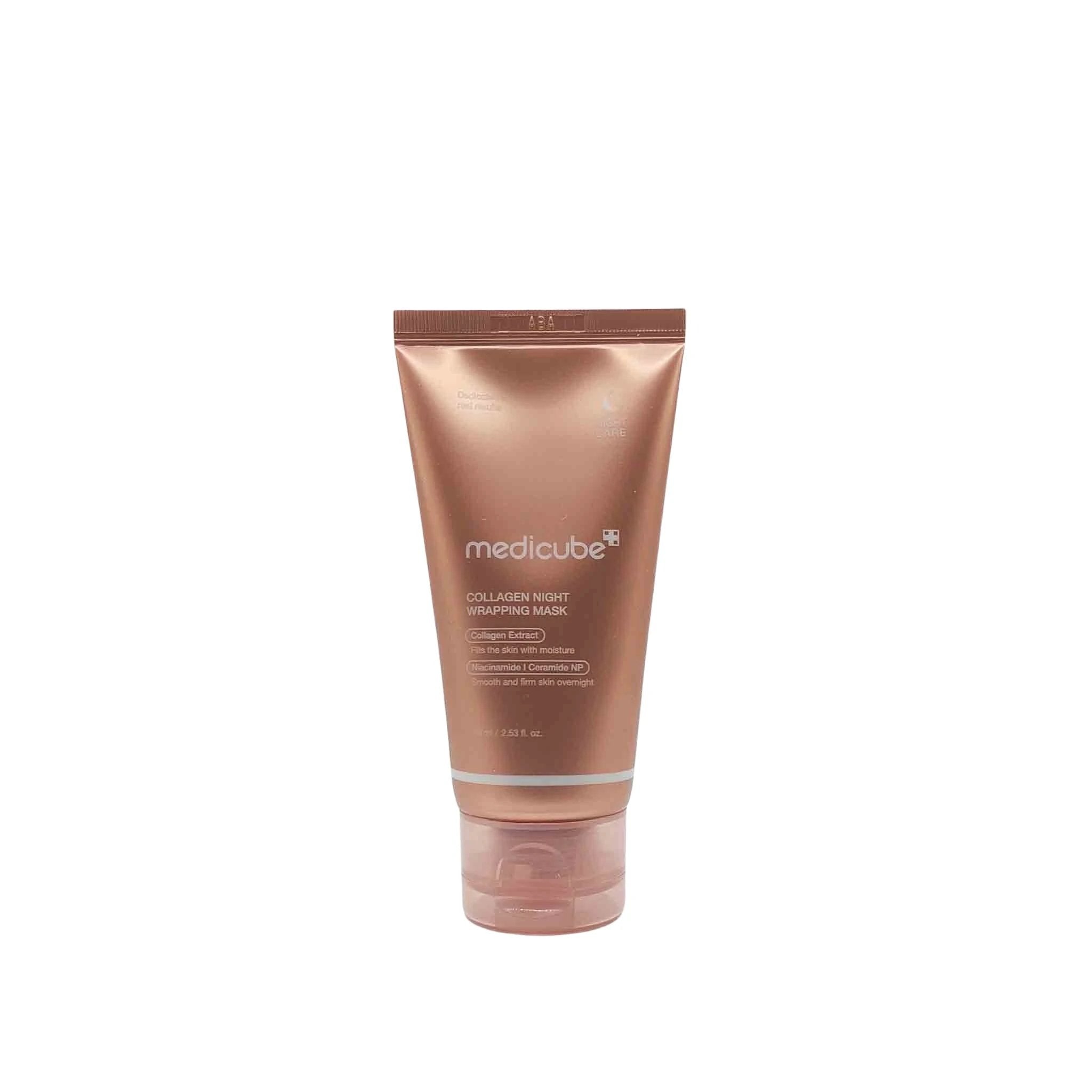 Rose-gold metallic tube with white cap, medicube Collagen Night Wrapping Mask, standing upright.