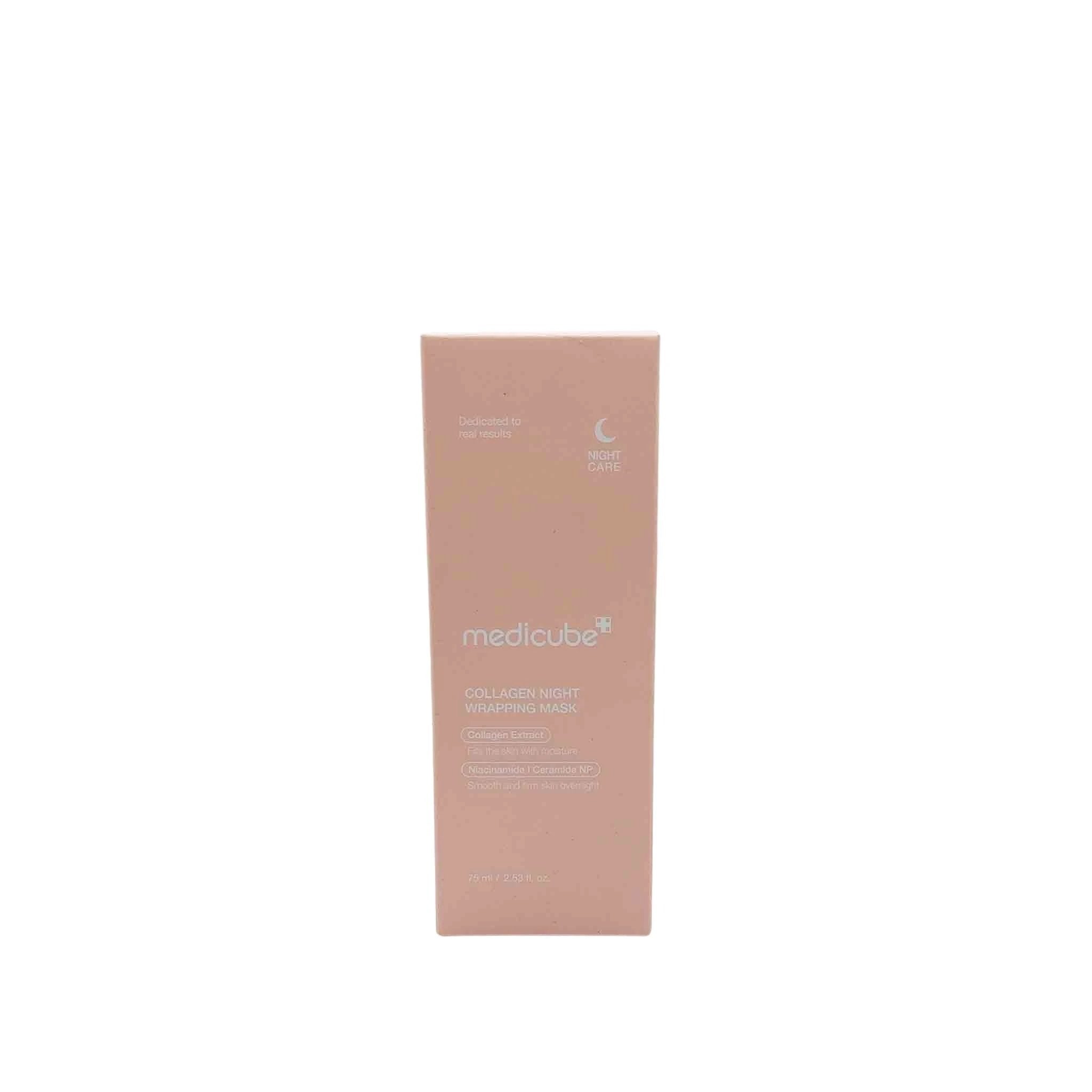 Peach rectangular box with white Medicube logo and Collagen Night Wrapping Mask text, 75 ml, crescent moon icon.
