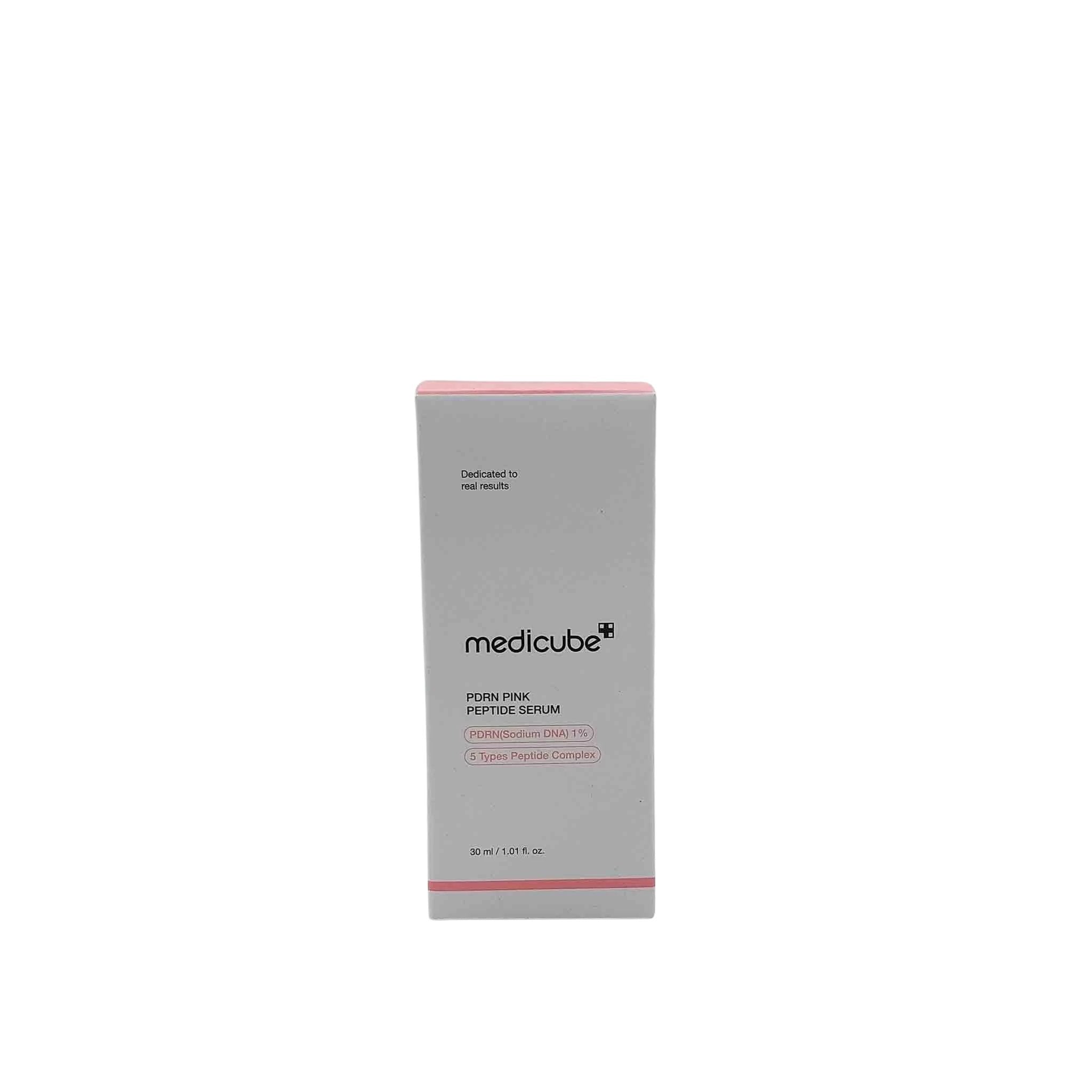 Tall gray box with pink top and bottom borders, medicube logo and PDRN Pink Peptide Serum text.