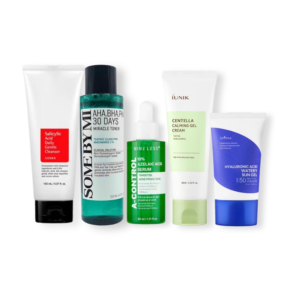 Skincare products for acne-prone skin featuring COSRX, Some By Mi and iUNIK products in a simple 5-step routine.