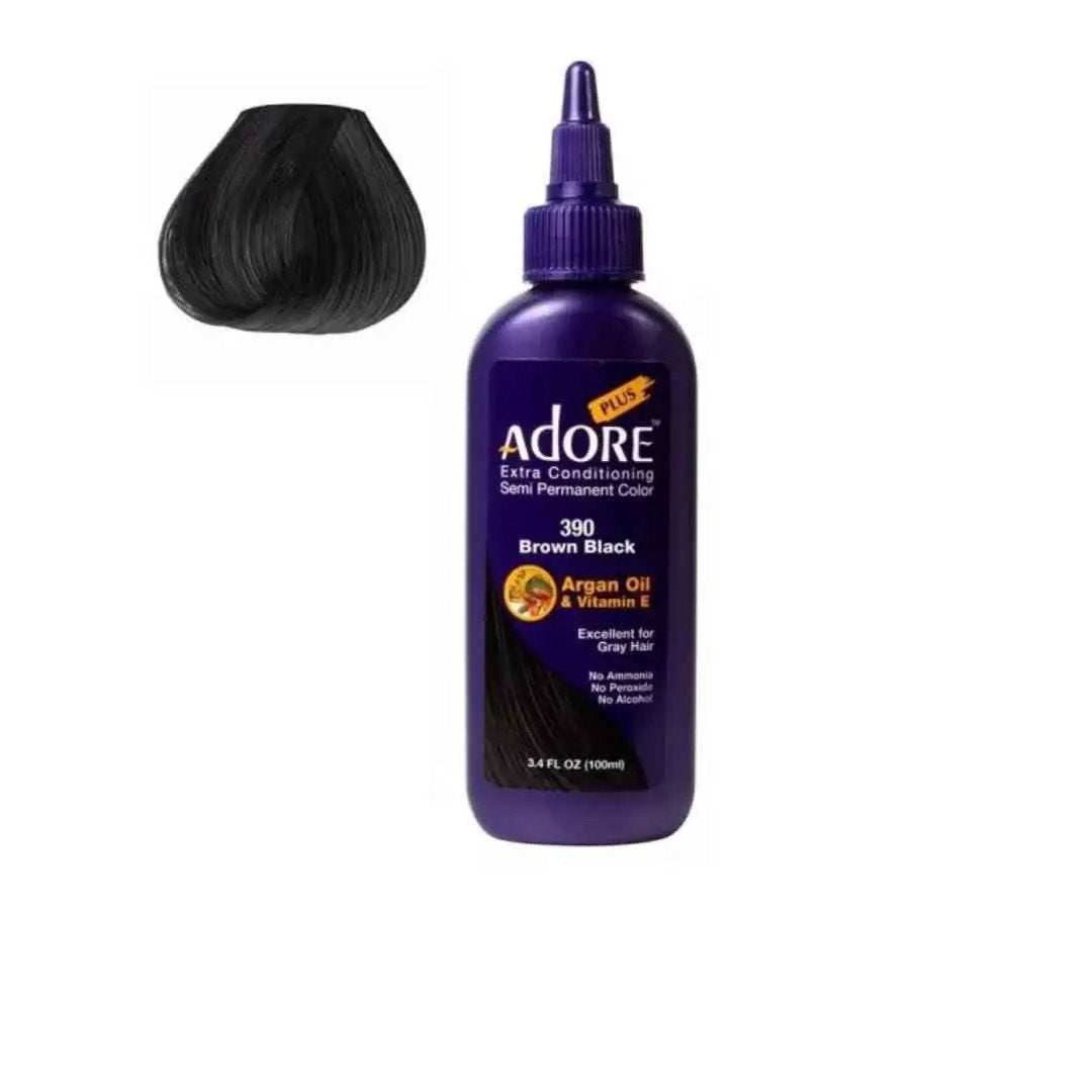 Adore Plus Extra Conditioning Semi-Permanent Color bottle (100 ml) in Brown Black with purple packaging and black hair swatch