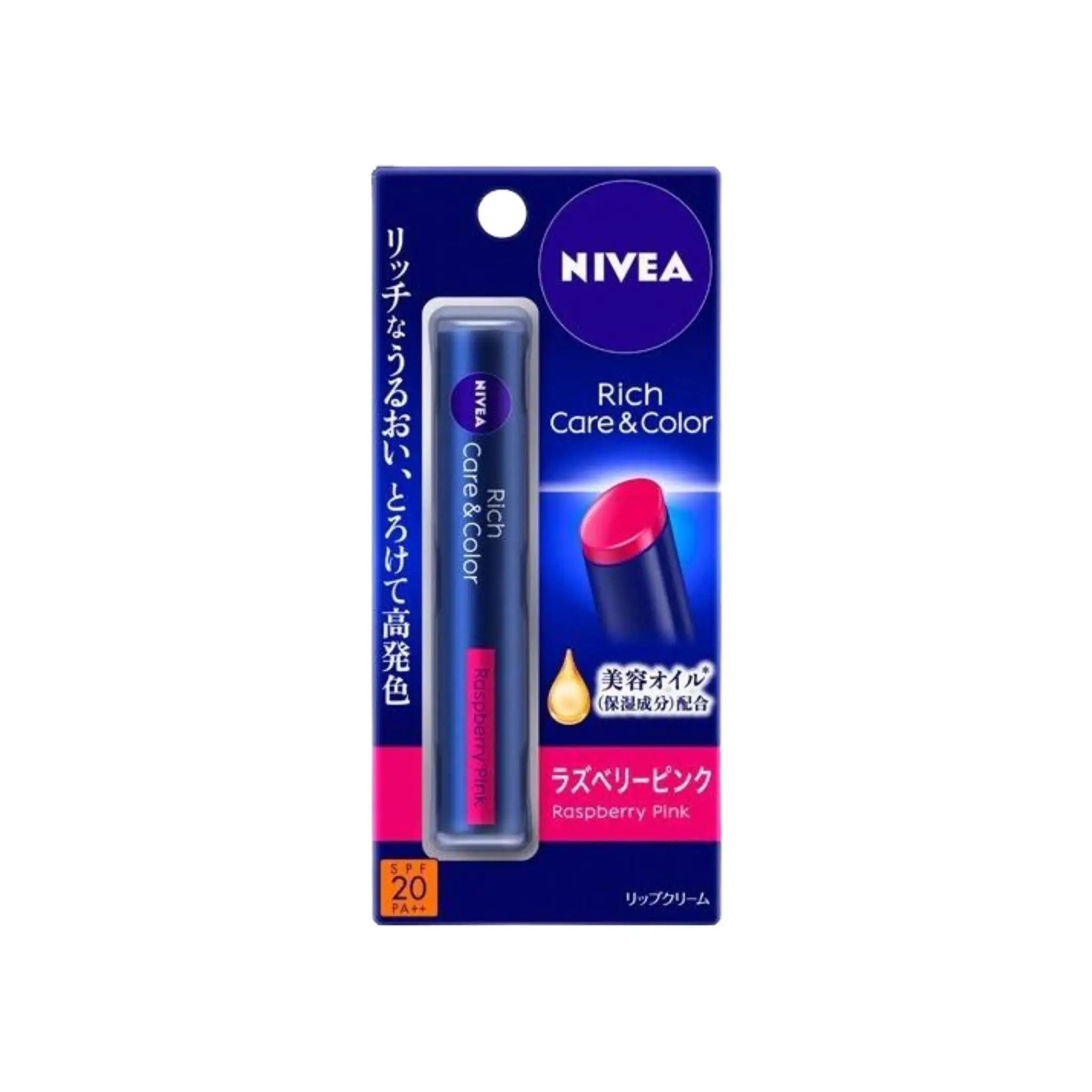 Nivea Rich Care & Color Lip Color in Raspberry Pink, shown in its original retail packaging against a white background.